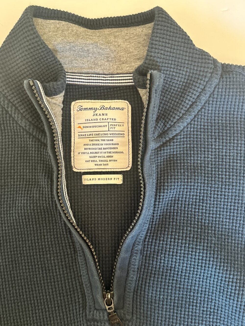 Tommy Bahama Quarter Zip Pullover Blue Waffle Knit Coastal Dadcore L 100% Cotton